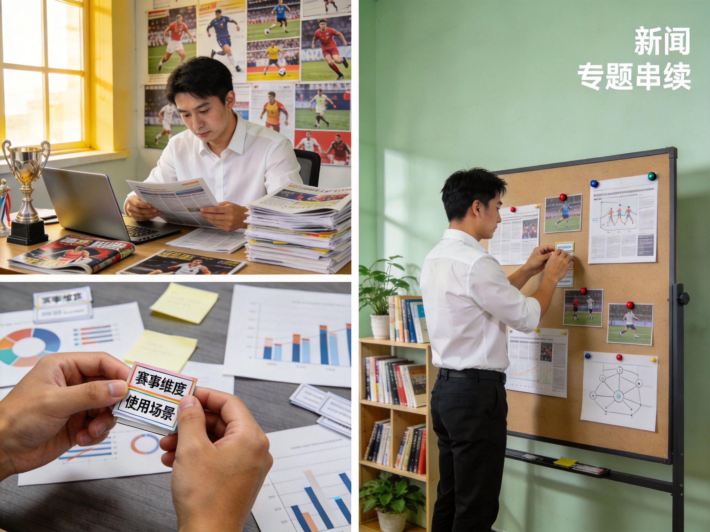 内容编辑场景配图，示意必一运动编辑整理体育资讯与专题的工作流程